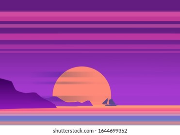 Sunset beach, tropical sea, ocean. Panorama of mountains, horison orange Sun seascape sailboat. Vector illustration isolated