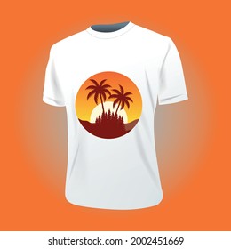 Sunset beach T-shirt design with Palm trees vector
