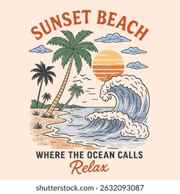 Camiseta Sunset Beach. Arte da onda da praia. Surfing board. Projeto gráfico de impressão Sunshine paraíso. Projeto gráfico de impressão Sunshine paraíso