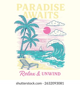Sunset praia t-shirt. mulheres meninas praia onda trabalho de arte. Projeto gráfico de impressão Sunshine paraíso. Projeto gráfico de impressão Sunshine paraíso
