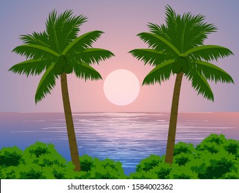 Sunset at beach with two palm trees