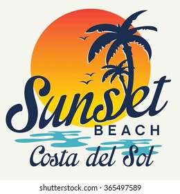 Sunset beach typography, t-shirt graphics, vectors, surf, 