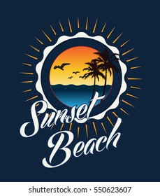 Sunset beach typography, t-shirt graphics, vectors, surf,
