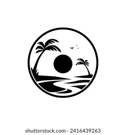 Sunset beach vacation spot logo