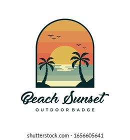 Sunset at beach vector illustration. Colorful outdoor badge logo design