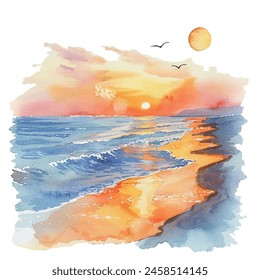 sunset beach vector illustration in watercolor style