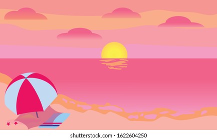 Sunset at the beach vector set. Towel and parasol on the sand. Pink clouds and ocean.