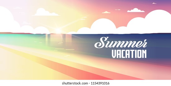 sunset beach view summer vacation seaside sea ocean flat banner lettering vector illustration