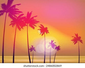 Sunset Beach view tropical landscape banner illustration