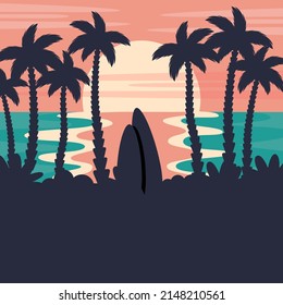 Sunset beach in vintage style. Summer beach background. Beautiful seascape with silhouettes of tropical palm leaves,  surfboards. Vector cartoon flat illustration for travel,  card, holidays, poster