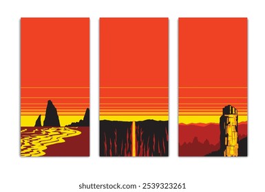 sunset beach waterfall cliff background templates vertical banner vector