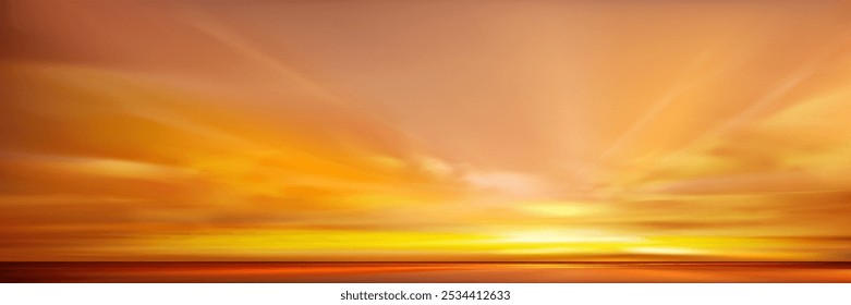 Fondo del cielo de la puesta del sol, salida del sol anaranjada del otoño y sol sobre la playa del mar, Vector Hermosa Naturaleza del invierno Hora dorada en el cielo rosado, amarillo, rojo antes de la puesta del sol en verano, paisaje de la primavera de la historieta con la luz del sol 