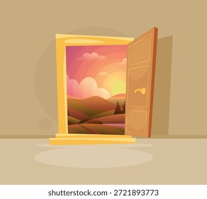 Pôr do sol. bela paisagem atrás da porta aberta. vetor ilustração conceitual