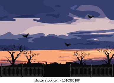 Sunset before halloween party with bats, forest and clouds. Flat style vector
