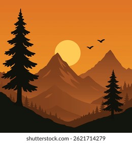 Sunset Behind Big Mountain Trees