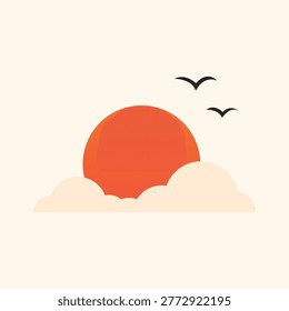 Sunset behind clouds with flying birds modern flat vector background