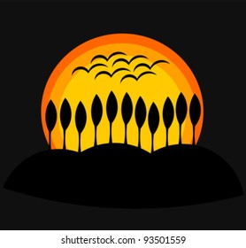 Sunset behind hill with trees. Vector illustration