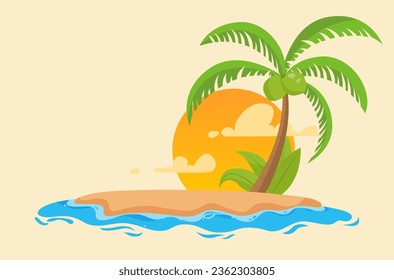 sunset behind an island with coconut tree