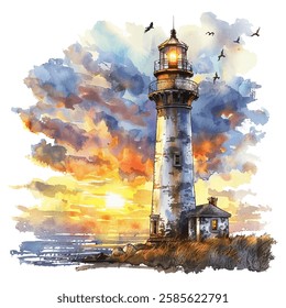 sunset behind a lighthouse vector illustration in watercolor style