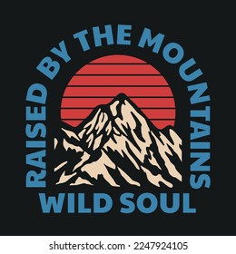 Sunset Behind The Mountain Outdoor Illustration with Slogan Vector Artwork on Black Background For Apparel and Other Uses