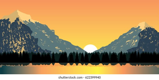 Sunset behind mountain peaks, pine forest and lake in the valley
vector landscape illustration, nature