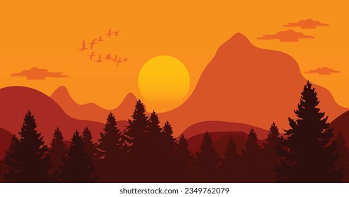 sunset behind the mountain with some birds above the clouds