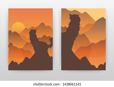 Sunset behind mountains landscape business design for brochure, flyer, poster. Brown mountains landscape background vector illustration for flyer, leaflet, poster. Abstract A4 brochure template.