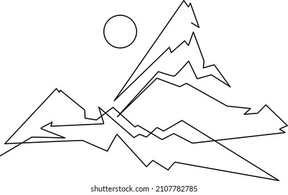 Atardecer detrás de las montañas. Los picos de montaña. Dibujo continuo de líneas. Ilustración del vector