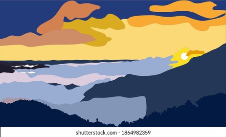 Sunset behind the mountains vector drawing. The sun is in the clouds. The mountains are covered with fog. Modern art. Vector minimalistic background. Pictures of nature in a modern style