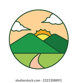 Sunset behind two green mountains with street and clouds on the orange sky background vector icon isolated on square white background. Simple flat minimalist outlined drawing with farming theme.