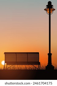 Sunset with a bench and a lantern. Vector illustration. Sketch for creativity.