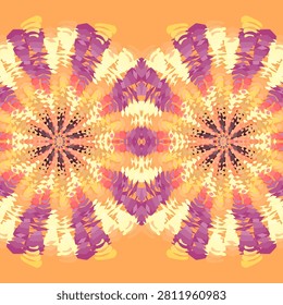 Sunset berry mellow: balanced kaleidoscope design in pale chiffon, honey gold, magenta haze, dark maroon, yellow, orange, coral, red