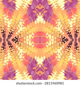 Sunset berry mellow inspired balanced kaleidoscope design with pale chiffon, honey gold, magenta haze, dark maroon, yellow, orange, coral, red