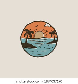 sunset between two islands and coconut trees. vintage beach print. tee graphic design