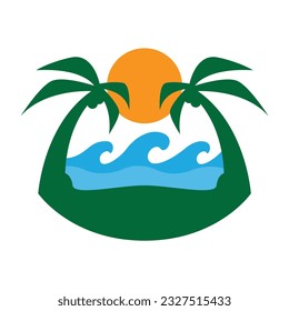 sunset between two palm trees logo vector