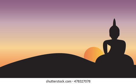 Sunset and Big Buddha on Mountain Vector Illustration