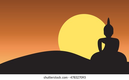 Sunset and Big Buddha on Mountain Vector Illustration