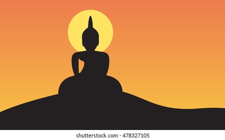 Sunset and Big Buddha on Mountain Vector Illustration