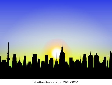 The sunset at the big city view with a lot of buildings, vector illustration