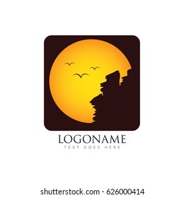 Sunset, Bird and Cliff Vector Illustration.