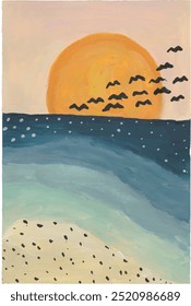 Sunset, bird and sea watercolour painting illustration