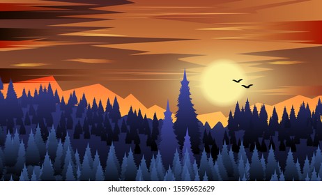at sunset, birds fly over a coniferous forest in the sky with the sun and clouds against the backdrop of mountains, hills. evening natural landscape. author's drawing. vector image