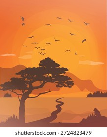 Un atardecer con pájaros volando en el cielo y un árbol en primer plano