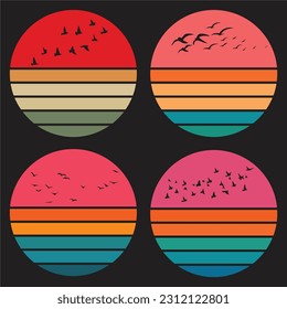 Sunset Birds Soaring through Retro Vintage Striped Circle.