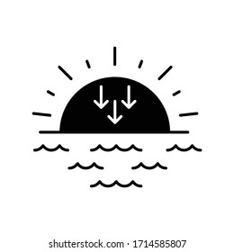 Sunset black glyph icon. Evening, sundown, weather forecasting silhouette symbol on white space. Sea, ocean at dusk. Transition from day to night. Sun setting over horizon vector isolated illustration