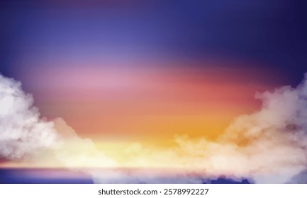 Sunset Blue,Purple Sky Background,Dramatic Sunrise with Cloud in Orange,Yellow Color in Summer,Vector Horizon Evening twilight dusk sky after sun dawn in Winter,Beautiful nature landscape by sea beach