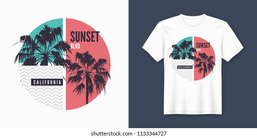 Sunset Blvd California t-shirt and apparel trendy design with palm trees silhouettes, typography, print, vector illustration. Global swatches.