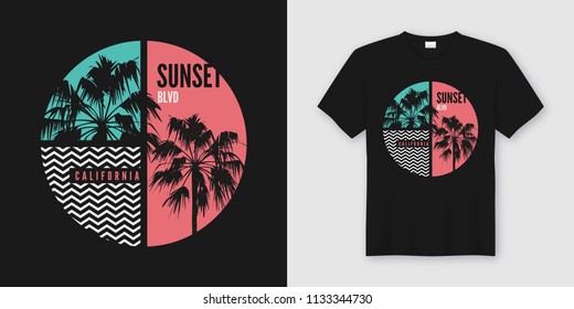 Sunset Blvd California t-shirt and apparel trendy design with palm trees silhouettes, typography, print, vector illustration. Global swatches.