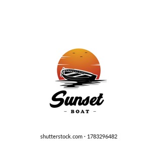 Sunset boat logo design template