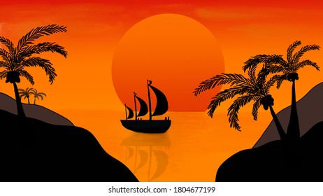 Una puesta de sol con un barco en un océano y palmera en la montaña con efecto de sombra pintando el material vectorial.